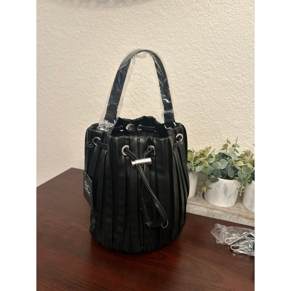 BC Handbags Black Pleated Drawstring Bucket Bag NWT long & short strap